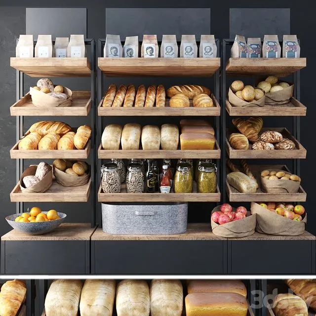 A large showcase in a bakery with bread and other products 3D Model