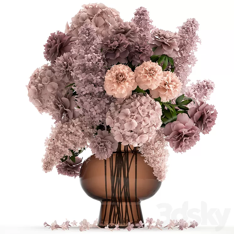 A lush bouquet of spring flowers in a glass vase with hydrangeas lilacs peonies. 144. 3D Model