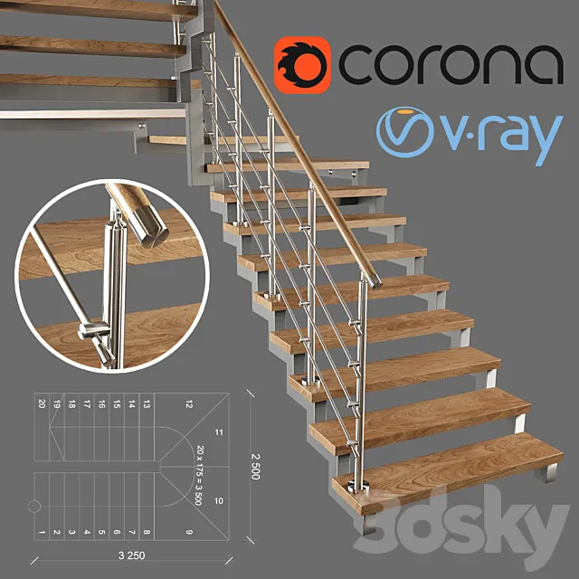 A modern two-march staircase with running steps 3D Model