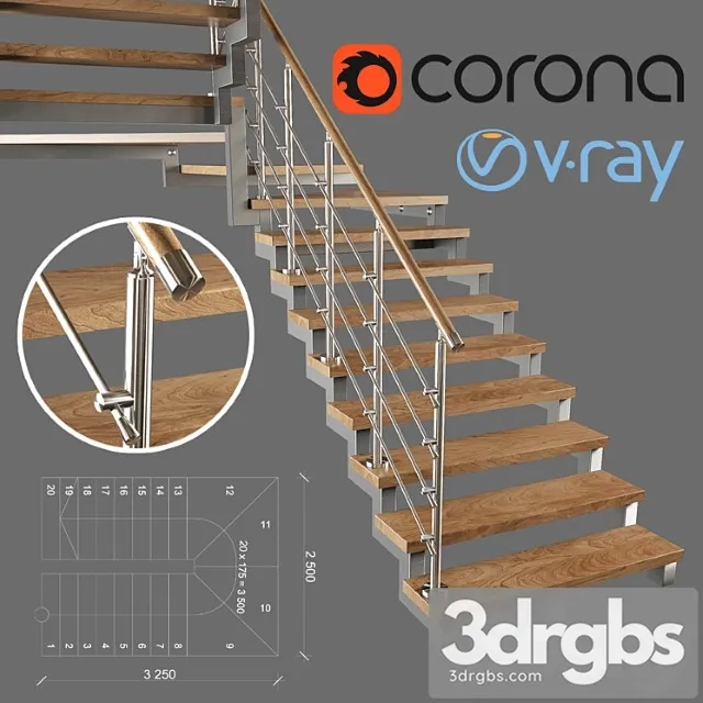 A modern two-march staircase with running steps 3D Model Free