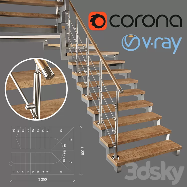 A modern two-march staircase with running steps 3D Model