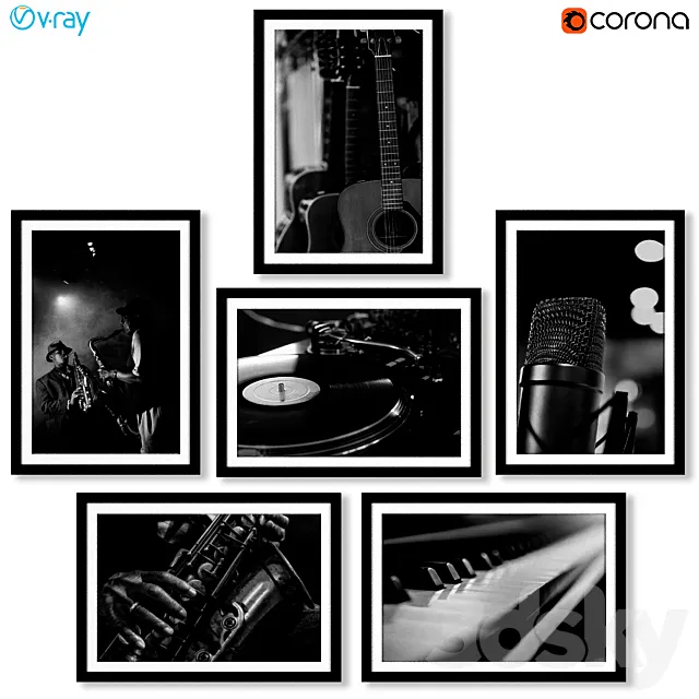 A series of black and white posters with musical instruments. 3D Model