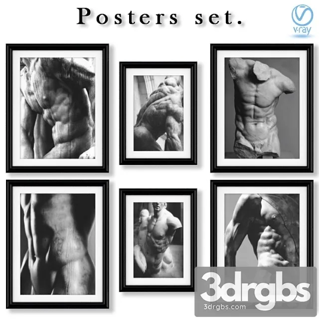 A series of black and white posters with statues. 3D Model Free