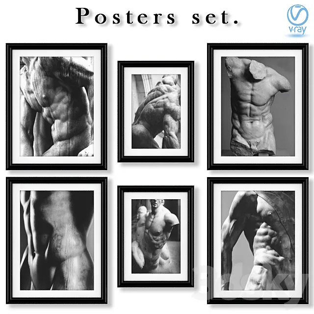 A series of black and white posters with statues. 3D Model