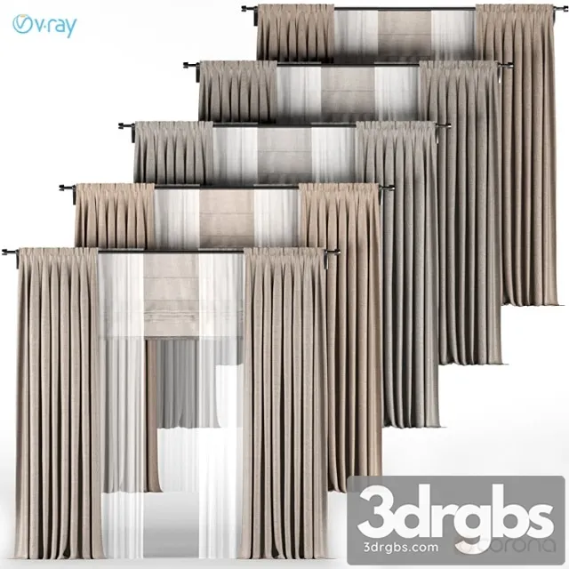 A Series Of Brown Curtains With White Tulle Roman blinds. 3D Model Free