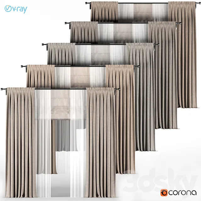 A series of brown curtains with white tulle + Roman blinds. 3D Model
