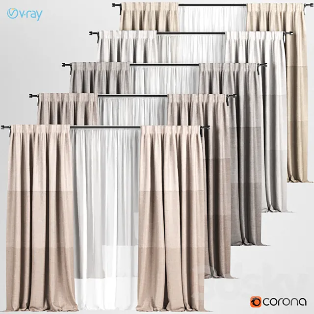 A series of curtains with white tulle in different colors. 3D Model