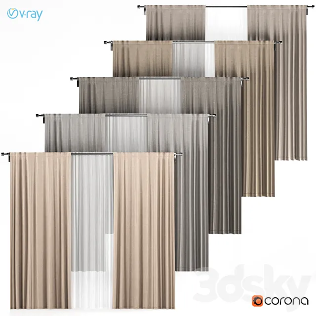 A series of five brown and gray curtains with white tulle. 3D Model