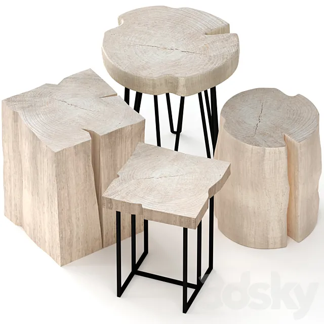 A series of wooden tables made of slab and stumps 3D Model