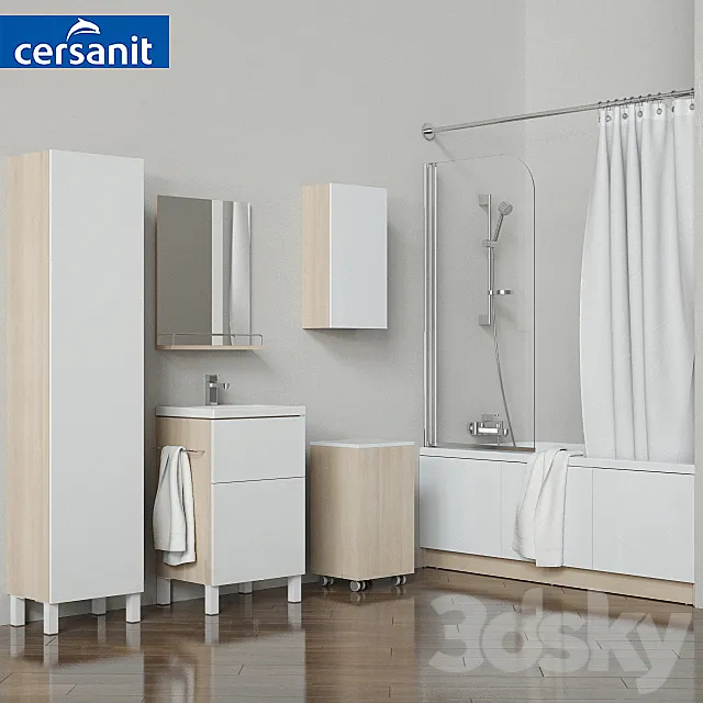 A set of bathtubs and furniture "Smart" with curtains "Easy" and soft curtains. tm Cersanit 3DModel