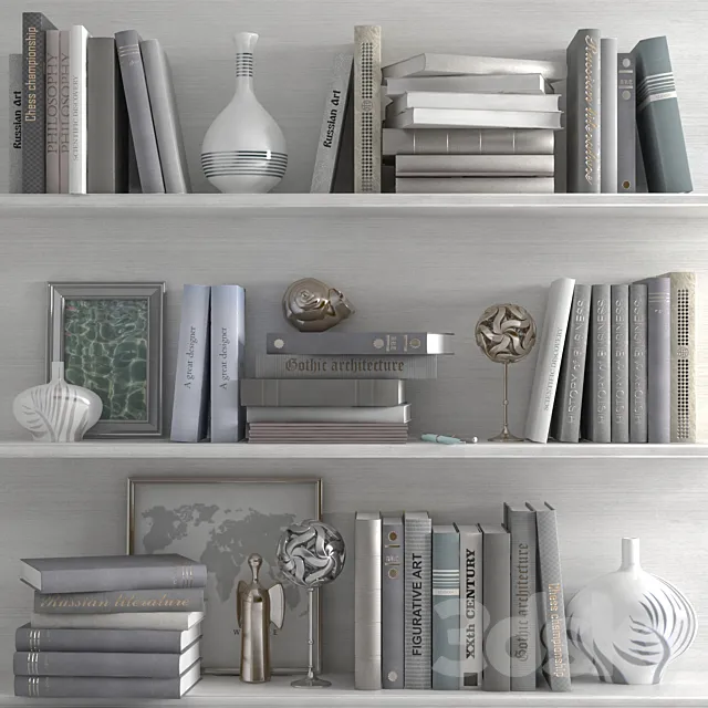 A set of books with a decor in bright tones on the shelves 3DModel