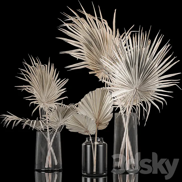 A set of bouquets in glass vases made of dry branches of palm leaves dried flower. 249. 3D Model