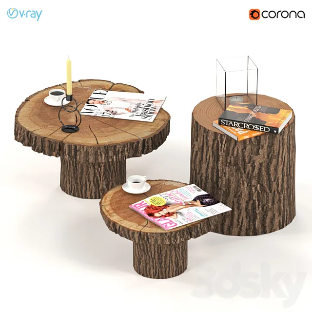 A set of coffee tables from slabs and stumps. 3D Model