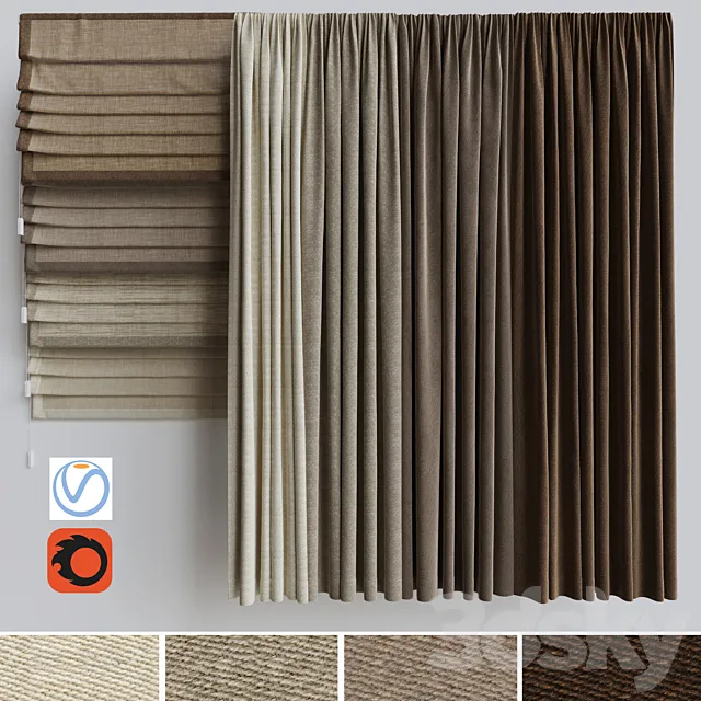 A set of curtains + a set of Roman curtains 2. Beige range 3D Model