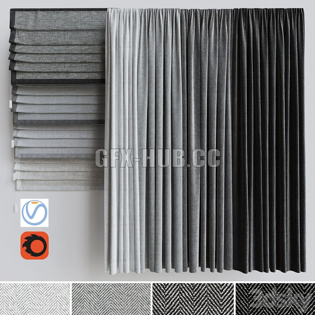 A set of curtains and Roman curtains Gray scale 3D Model