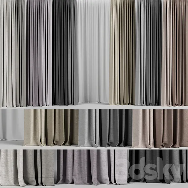 A set of curtains in different colors + tulle. 3D Model
