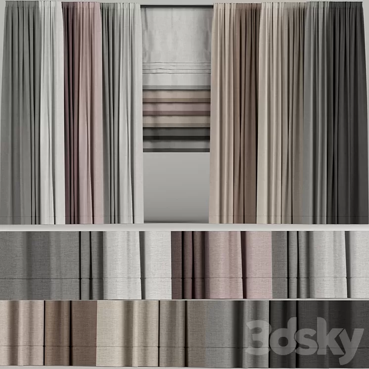 A set of curtains in different colors with a roman curtain. 3D Model