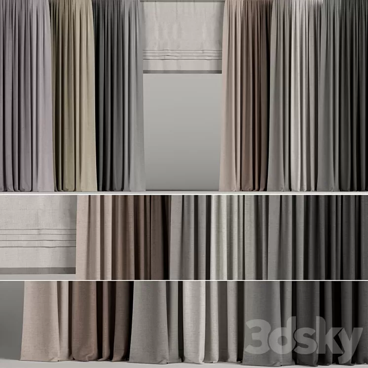 A set of curtains in different colors with a roman curtain. 3D Model