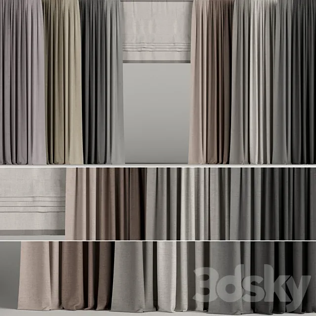 A set of curtains in different colors with a roman curtain. 3DModel