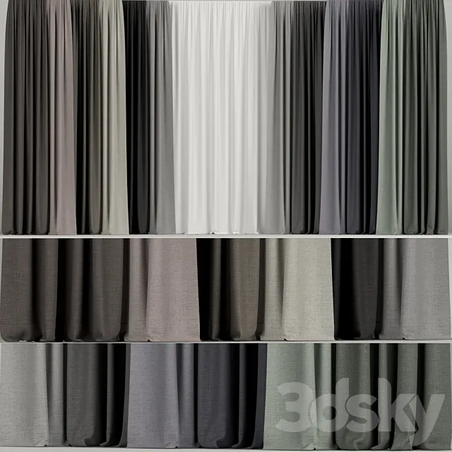 A set of curtains in different colors with tulle. 3D Model