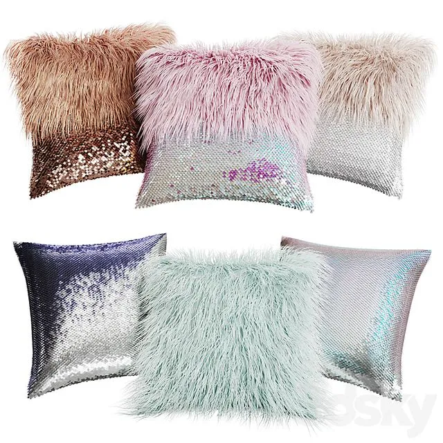 A Set of Decorative Pillows with Fur and Sequins 3D Model