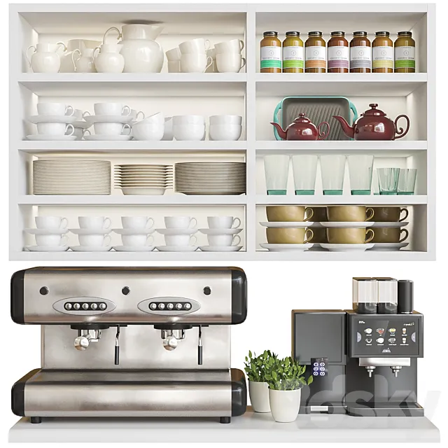 A set of dishes and coffee machines 3D Model
