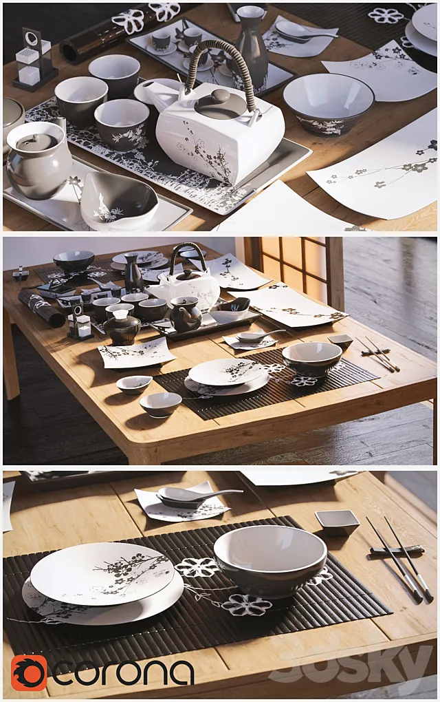 A set of dishes in the Japanese style. _ Japanese-style tableware. 3DModel