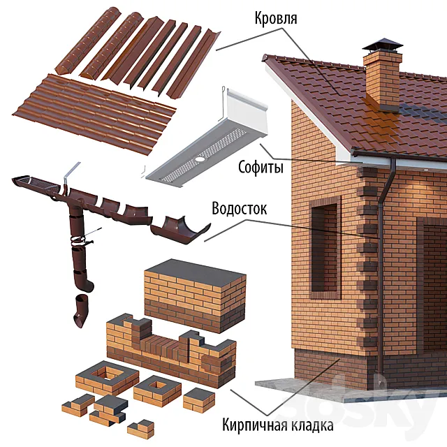 A set of elements for building a brick house 3DModel