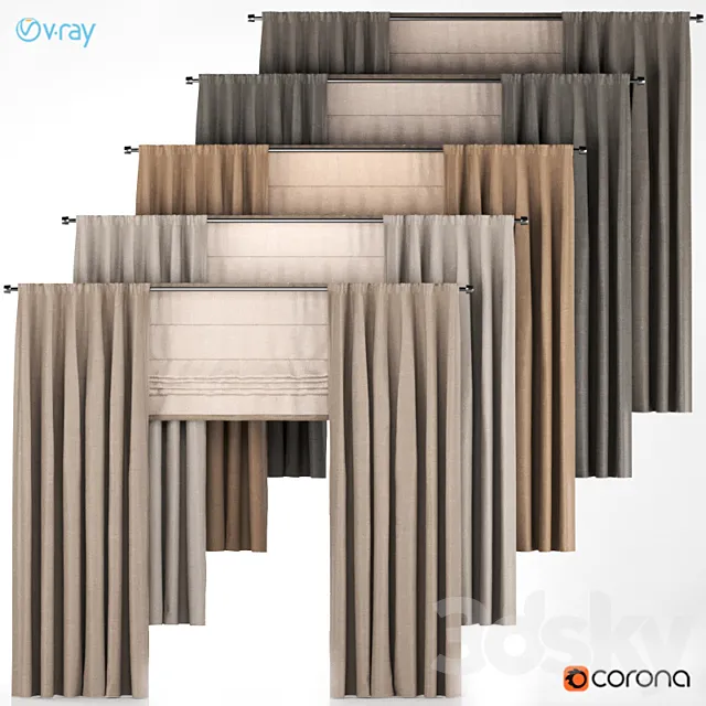 A set of five brown curtains. 3D Model