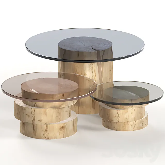 A set of light tables from stumps and slabs with glass tops. 3D Model