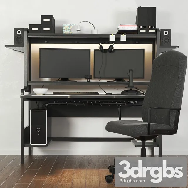 A set of office furniture in a minimalist style with a computer. books stationery 2 3D Model Download