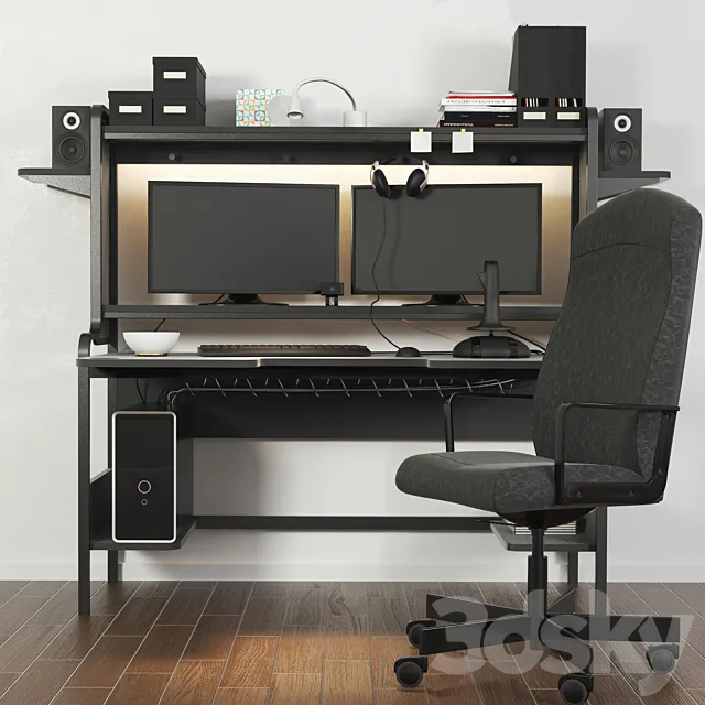A set of office furniture in a minimalist style with a computer. Books. stationery 3DModel