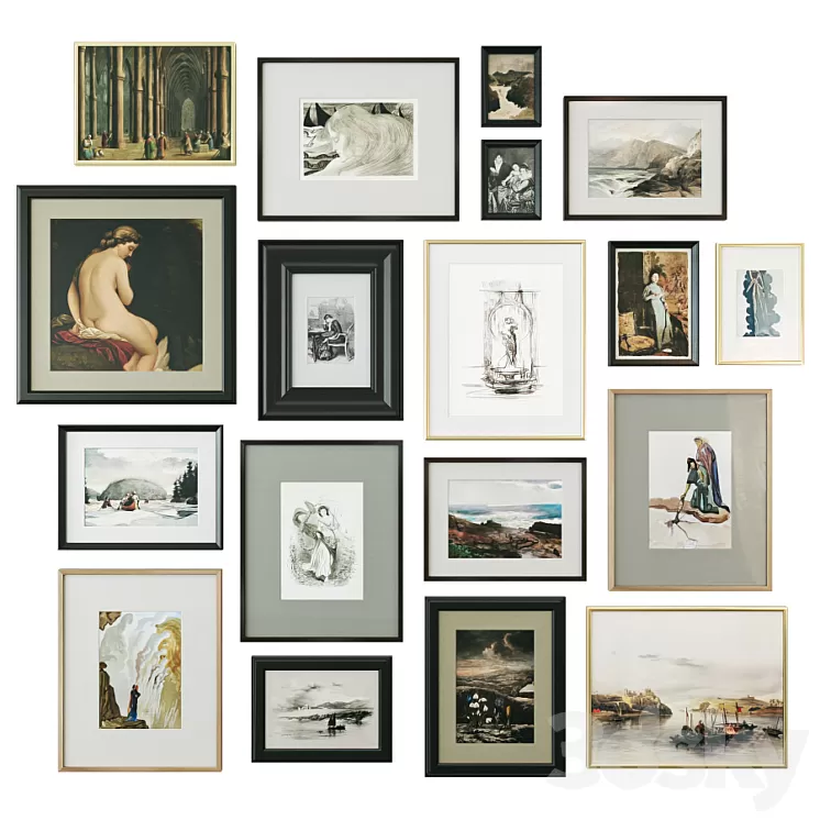 A set of paintings in classical frames 3D Model