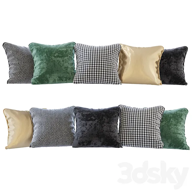 A set of pillows: black. green velvet. chevron. goose paw and gold (Pillows black green velvet chevron houndstooth and gold) 3DModel