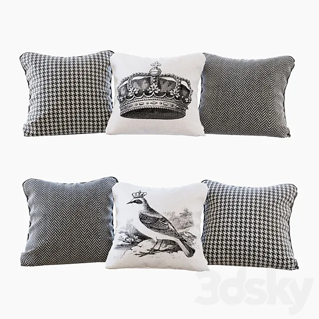 A set of pillows with prints: bird. crown. chevron and goose paw (Pillows bird crown chevron and houndstooth) 3DModel