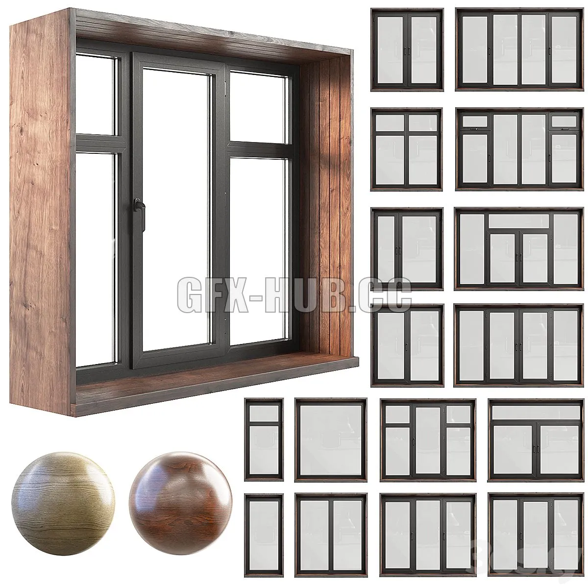 A set of plastic windows with wooden trim Free Download