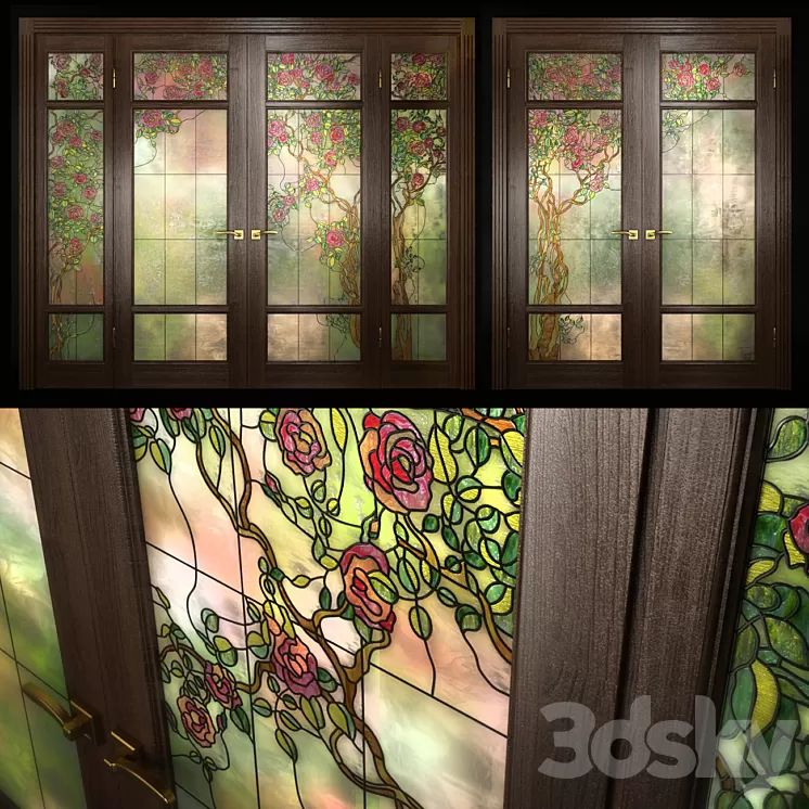 A set of two double doors with stained glass 3D Model