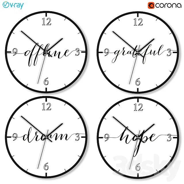 A set of wall clocks with motivational inscriptions. 3DModel