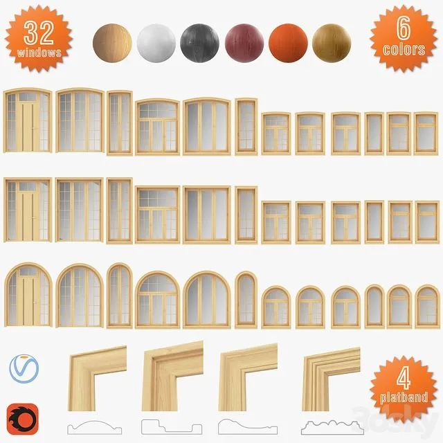 A set of windows from the array of panoramic arched 3D Model