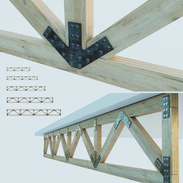 A set of wooden trusses with parallel belts. 6m 8m 10m 12m 14m 3D Model