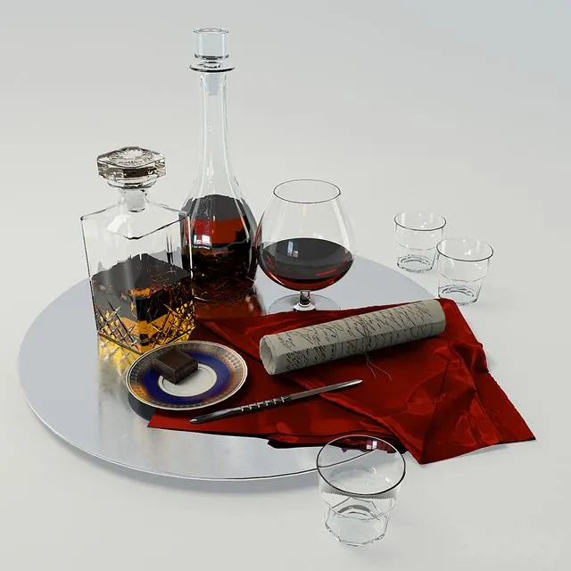 A set with a decanter of whiskey and brandy on a large platter 3D Model