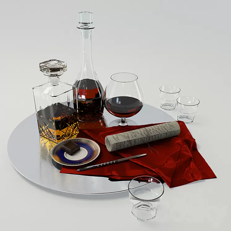 A set with a decanter of whiskey and brandy on a large platter - Set whiskey and cognac decanter on dish 3D Model