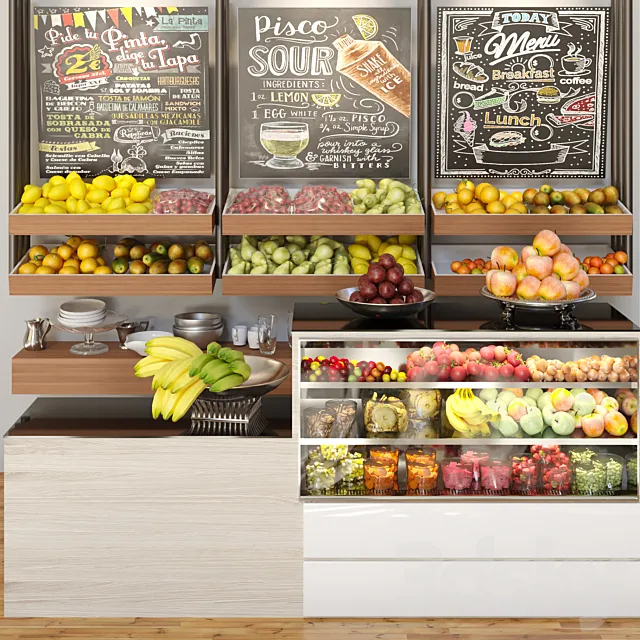 A small showcase in a supermarket with a large selection of fruits and vegetables. Food 3D Model