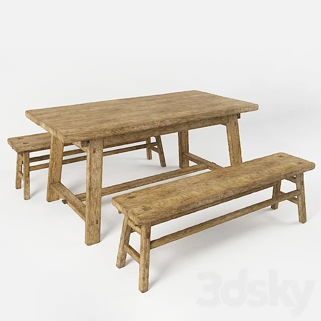 A table and a bench in the style of country. Table and bench in rustic style 3D Model