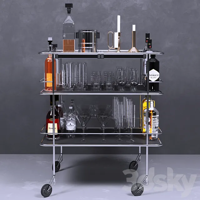 A table with alcohol and a crystal service. Wine 3D Model