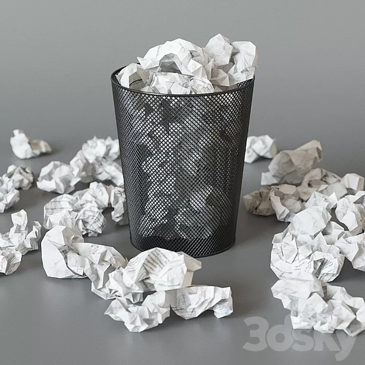 A trash can with papers
