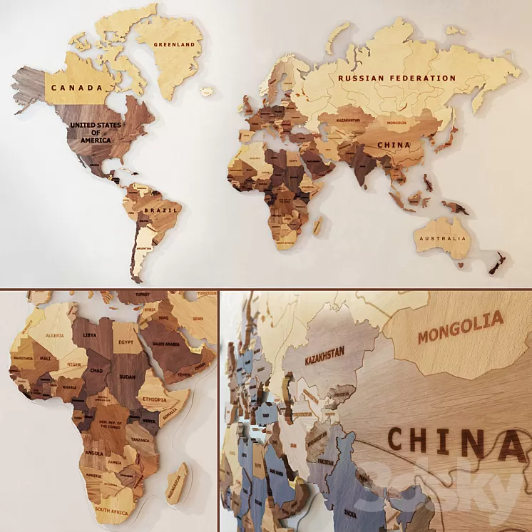 A world map made of wood. 3D Model