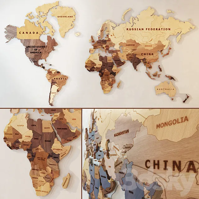 A world map made of wood. 3DModel