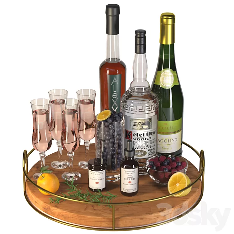 Alcoholic set with fruits. Sparkling wine 3D Model