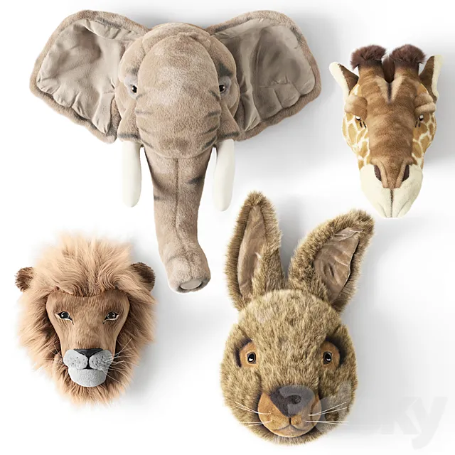 ANIMAL HEAD WALL BUSTS Elephant Giraffe Hare Lion 3D Model